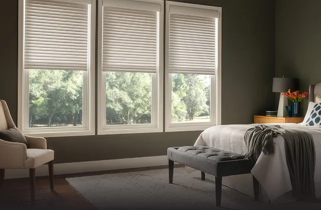 Lutron horizontal sheer blinds in a bedroom in the early morning