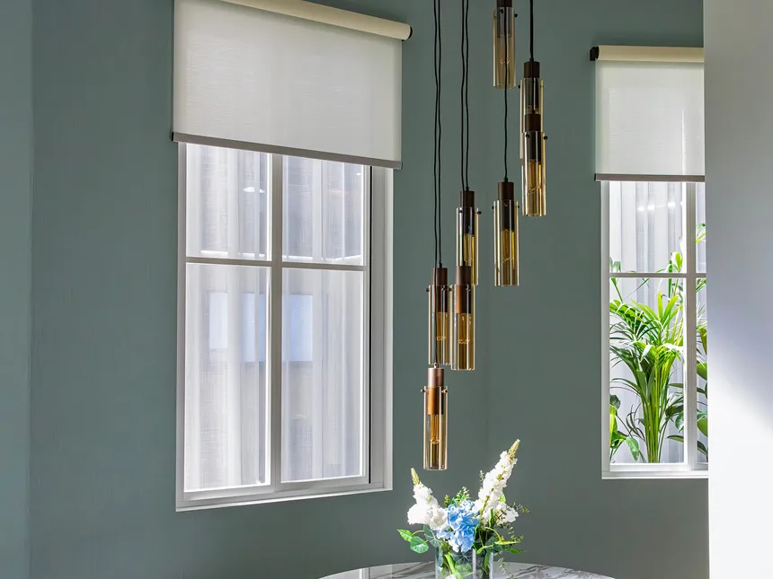 Lutron roller blinds demonstrating Natural Light Optimisation on the Lutron stand at ISE 2025